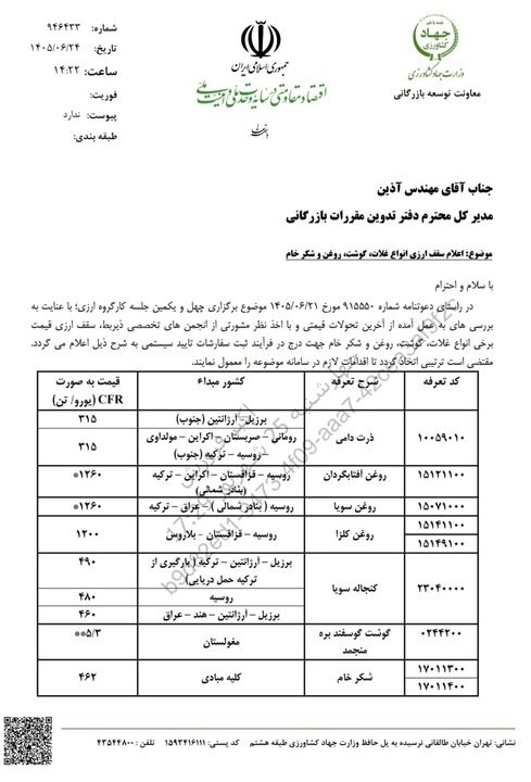 سقف ارزی واردات غلات، روغن، گوشت و شکر خام اعلام شد